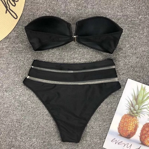 HIGH WAISTED MESH NOTCH FRONT BANDEAU BIKINI Set - Picture 6 of 7